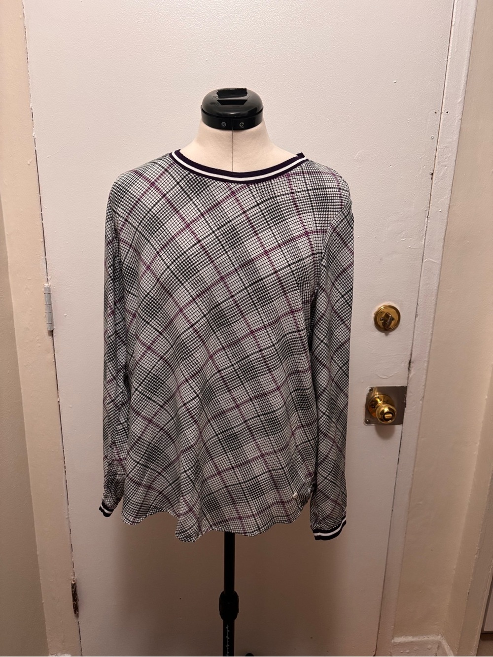 Plaid Long-Sleeve Tee in Black, White & Purple